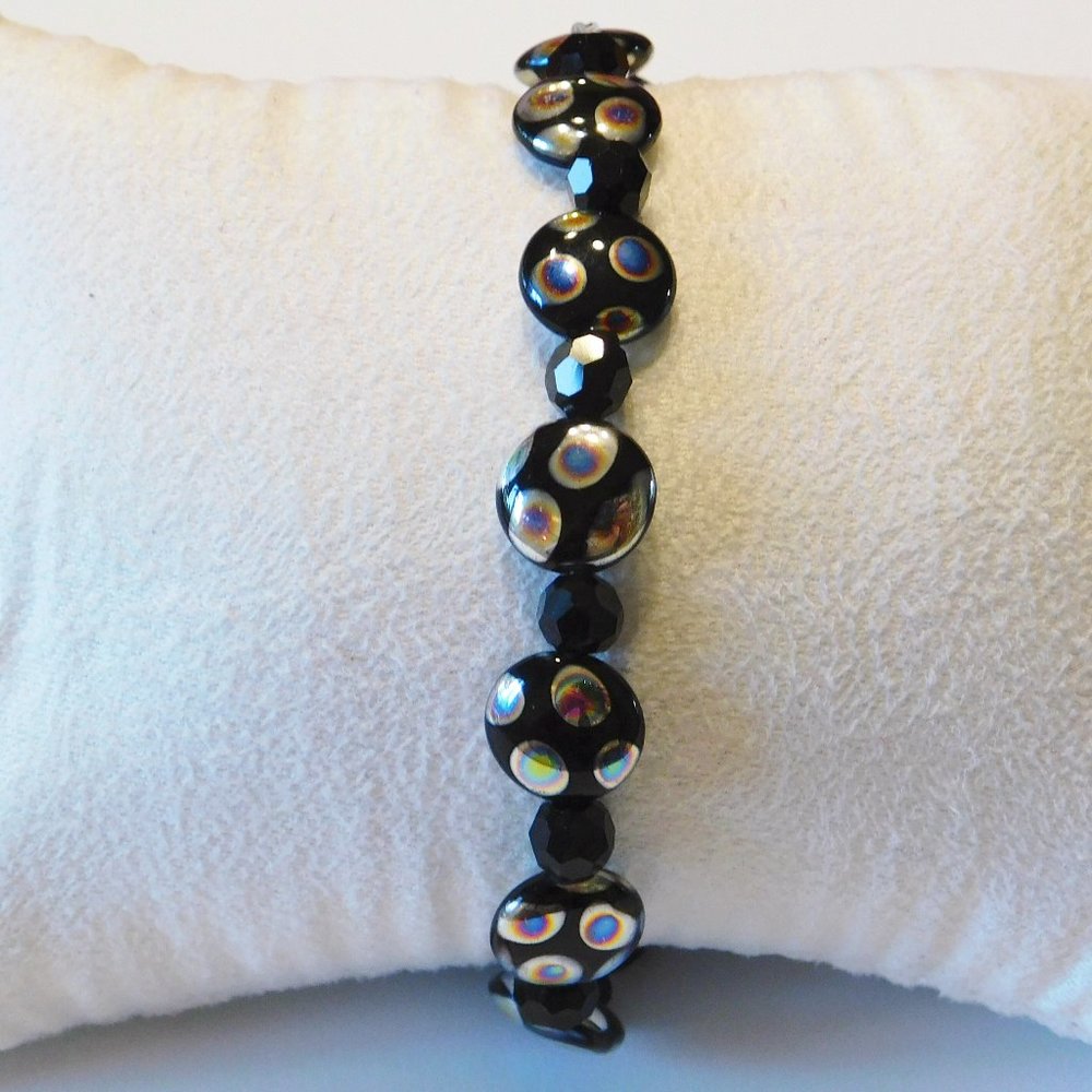 Handmade Black & Silver Glass Beaded Stretch Bracelet - 7.5"